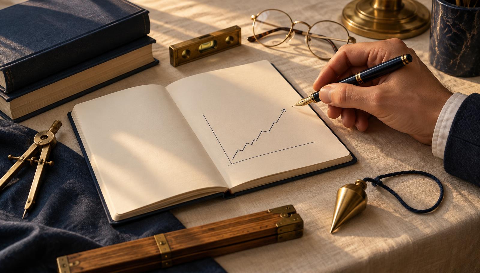 Carnet, stylo, compas, règle en bois et niveau posés sur une table : les outils mobilisés pour faire passer une décision au terrain